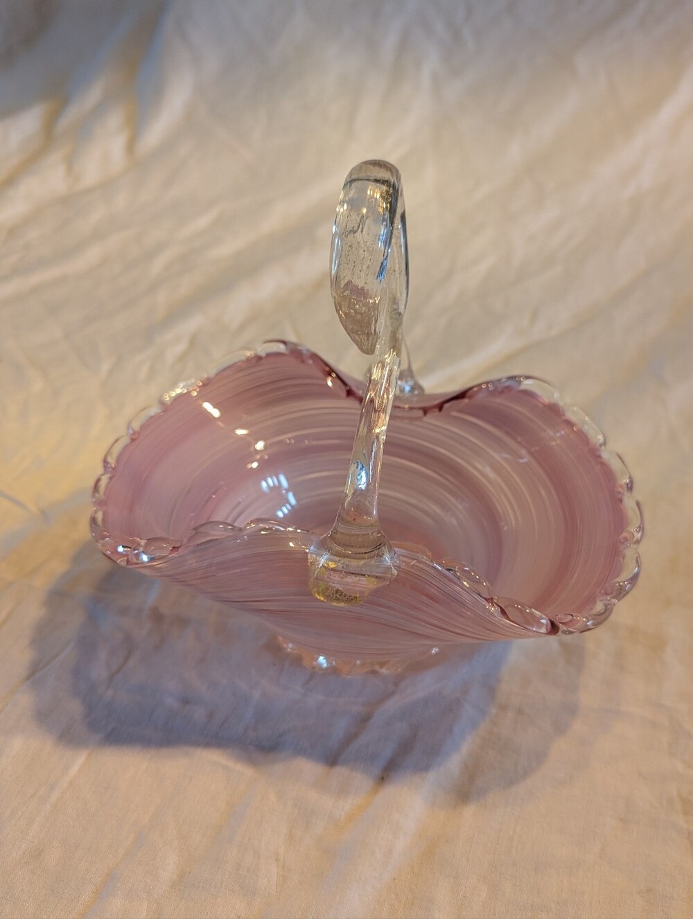2/80$ Murano Pink Swirl Glass Basket with Clear Loop Handle